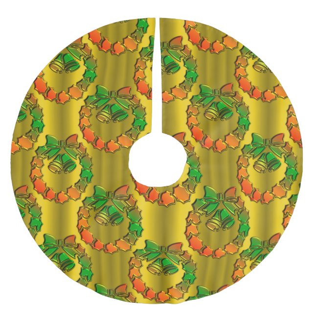 Gold Metallic Rot und Grün Weihnachten Polyester Weihnachtsbaumdecke (Vorderseite)