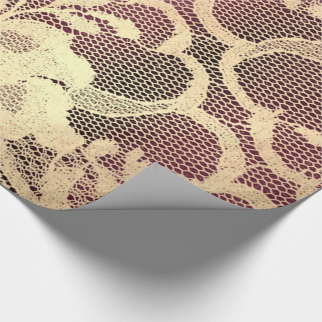 Gold Metallic Sepia Luxury Floral Lace Burgundy Geschenkpapier (Ecke)