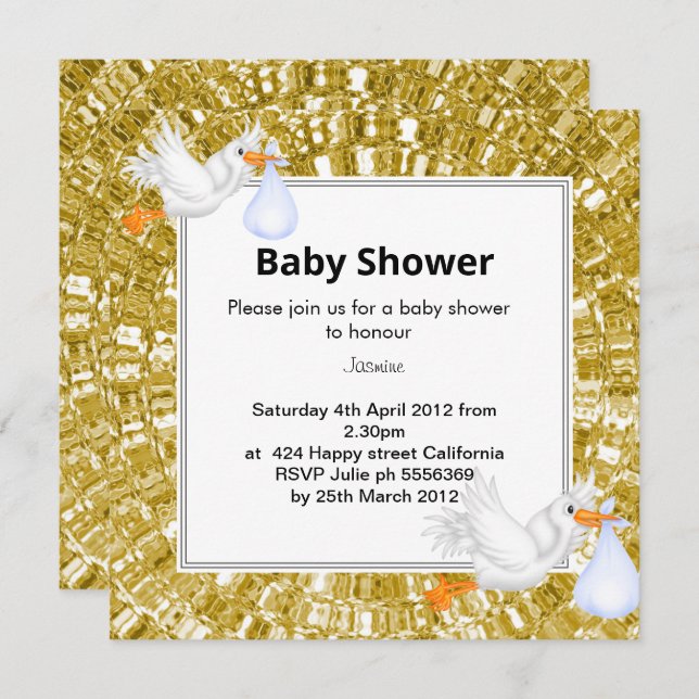 GOLD METALLIC sieht Stork Baby Shower Einladung (Vorne/Hinten)