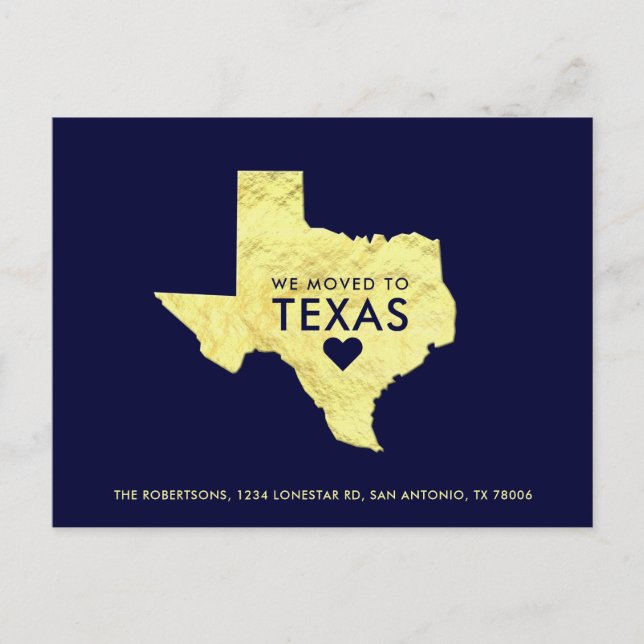 Gold Metallic Texas Map Navy Blue New Address Ankündigungspostkarte (Vorderseite)