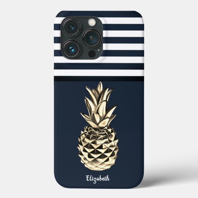 Gold Metallische Ananas Navy Blue Stripes Case-Mate iPhone Hülle (Rückseite)