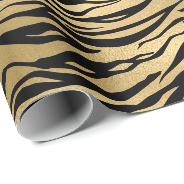 Gold Metallische Schwarze Tiger Tierhaut Elegantes Geschenkpapier (Rolleneckpunkt)