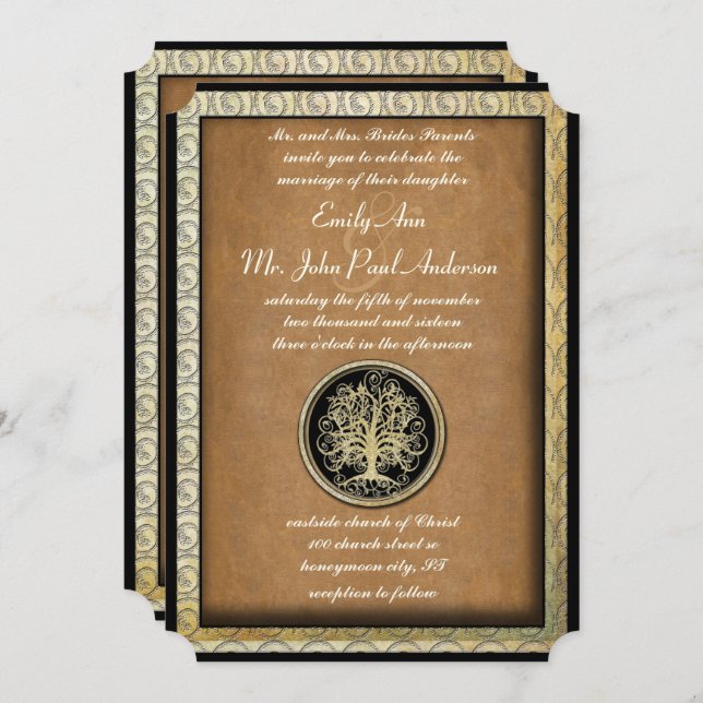 Gold Metallische Swirl Tree Gold Border Wedding Einladung (Vorne/Hinten)