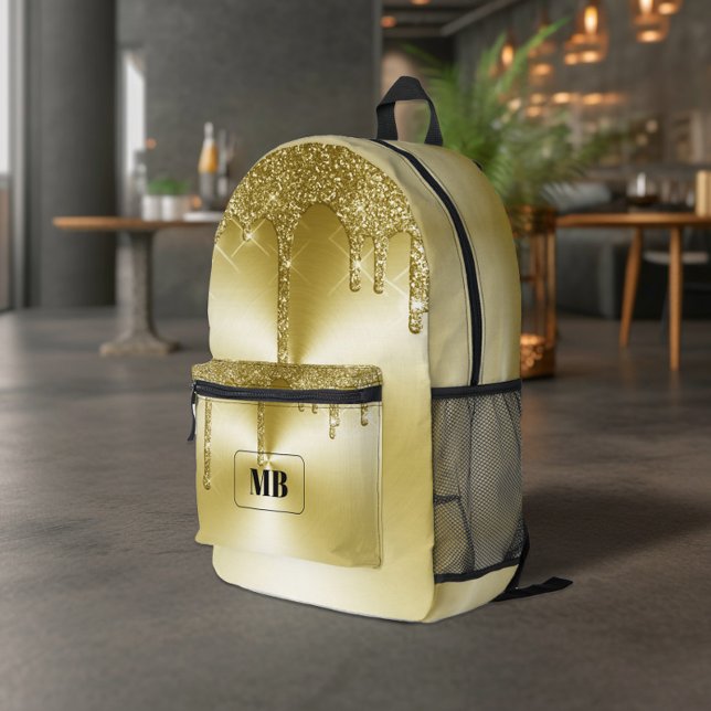 Gold Metallischer Glitzer Tropfen Mit Monogramm Bedruckter Rucksack (Von Creator hochgeladen)