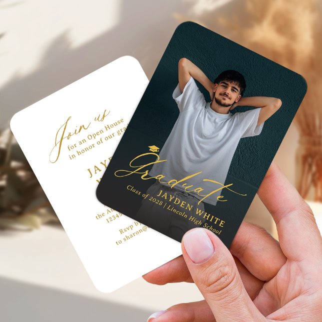 Gold Mini Moderne Schrift Foto-Abschluss Begleitkarte (Gold Mini Modern Script Photo Graduation Enclosure Card)