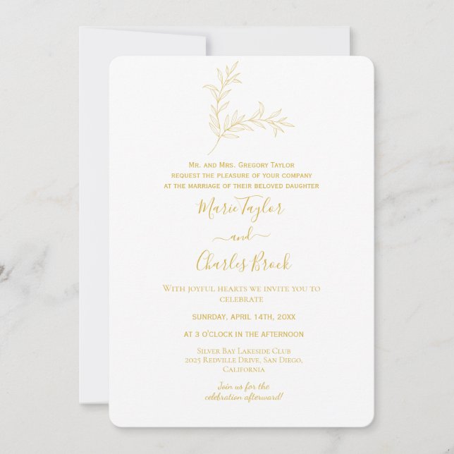 Gold Minimal Leaf Hochzeitseinladung Einladung (Vorderseite)