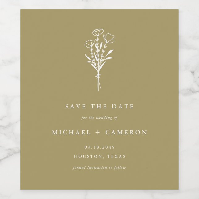 Gold Minimalistisch Botanisch Save the Date Weinetikett (Einzelnes Label)