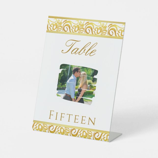 Gold Minimalistische Foto Hochzeit Tischnummer Sockelschild (Vorderseite)