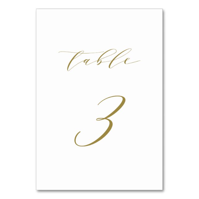 Gold Minimalistische Script-Hochzeitstabelle 3 Tischnummer (Vorderseite)