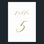 Gold Minimalistische Script-Hochzeitstabelle 5 Tischnummer<br><div class="desc">Tabelle 5. Vervollständigen Sie Ihren Tisch mit dieser eleganten und einfachen Tischnummer-Karte. Es verfügt über ein minimalistisches goldenes Skript mit weißem Hintergrund. Diese Script-Tischnummer ist ideal für Hochzeiten,  Abschluss,  Babyduschen,  Brautpartys und andere Veranstaltungen. Weitere Nummern und Farben sind verfügbar.</div>