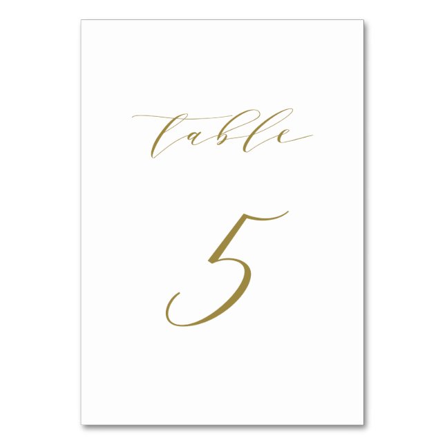 Gold Minimalistische Script-Hochzeitstabelle 5 Tischnummer (Rückseite)
