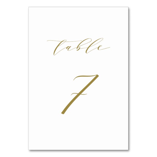 Gold Minimalistische Script-Hochzeitstabelle 7 Tischnummer (Vorderseite)