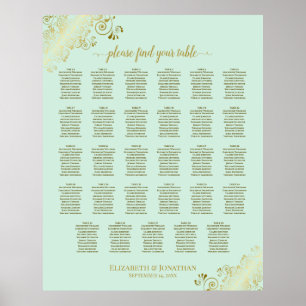 Gold & Mint Green 29 Table Wedding Seating Chart Poster