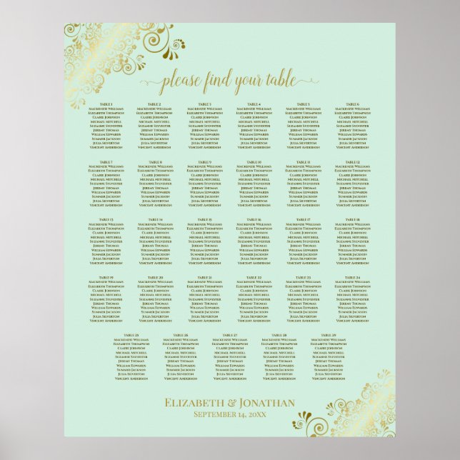 Gold & Mint Green 29 Table Wedding Seating Chart Poster (Vorne)