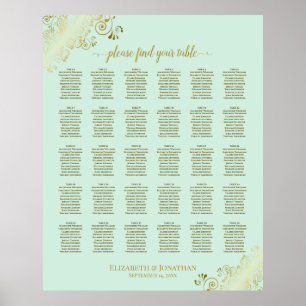 Gold & Mint Green 30 Table Wedding Seating Chart Poster