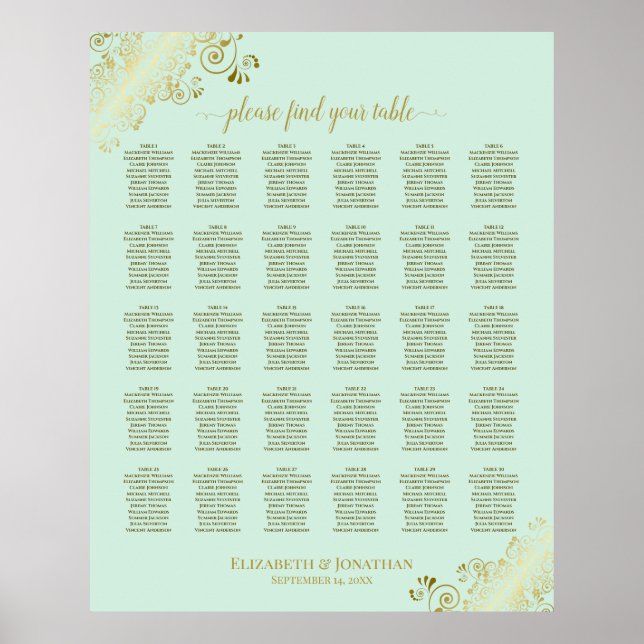 Gold & Mint Green 30 Table Wedding Seating Chart Poster (Vorne)