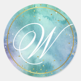 Gold Mint Green Watercolor Elegantes Script Monogr Runder Aufkleber