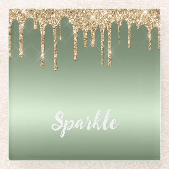 Gold Mint Grün Glitter Tropfen Glasuntersetzer (Vorderseite)