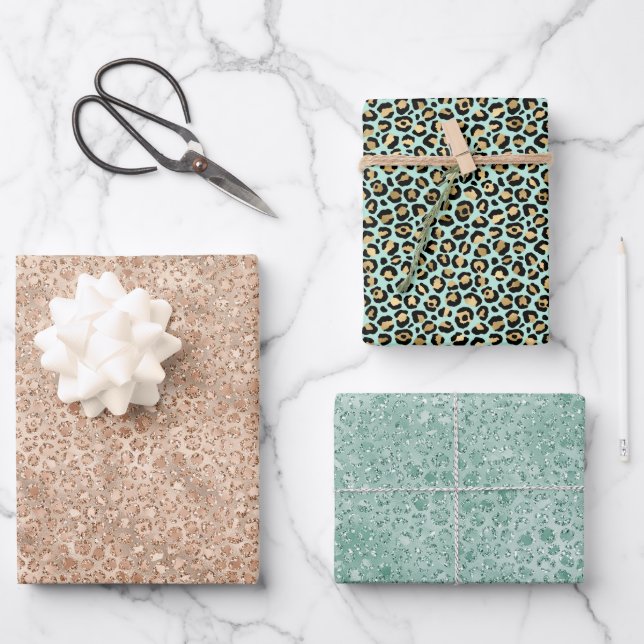Gold Minze Green Glam Leopard Print Geschenkpapier Set (Vorderseite)