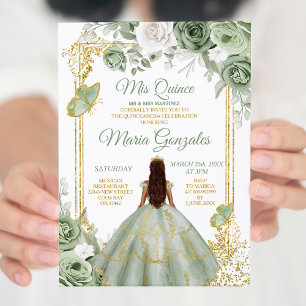 Gold Mis Quince Sage Green Floral Quinceañera Einladung