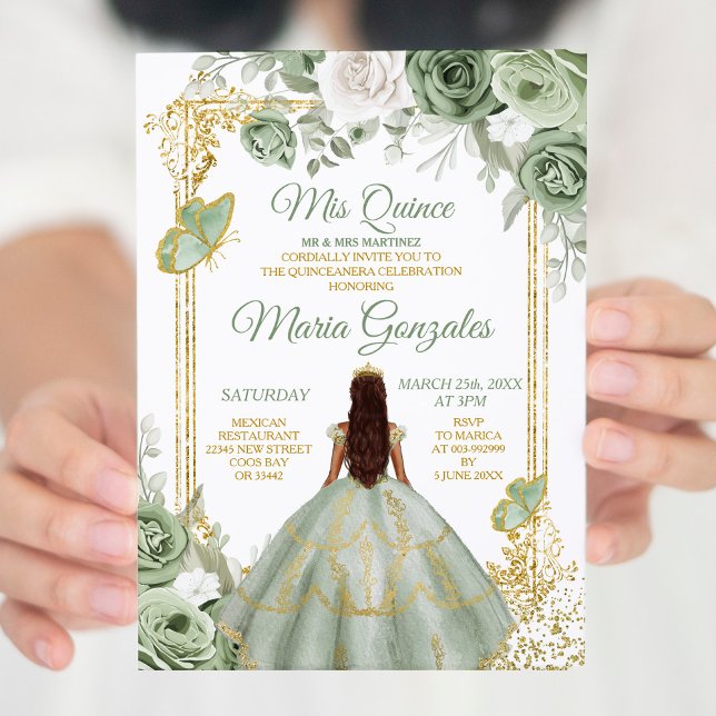 Gold Mis Quince Sage Green Floral Quinceañera Einladung (Von Creator hochgeladen)