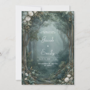 Gold Misted Wald-Weiße Chrysantheme Hochzeit Einladung