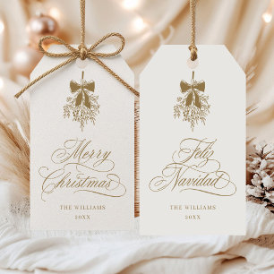 Gold Mistletoe Frohe Weihnachten   Feliz Navidad Geschenkanhänger