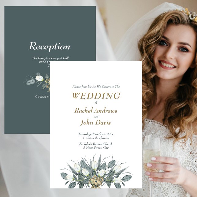 Gold mit grüner Hochzeit Einladung White Tulips (Gold With Green Wedding Invitation White Tulips)