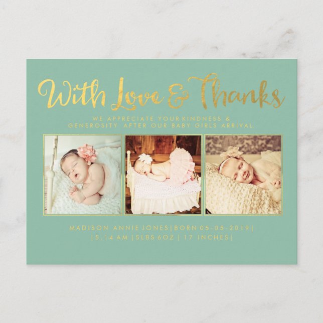 Gold mit Liebe und Dank Sip & See Postcard Ankündigungspostkarte (Vorderseite)