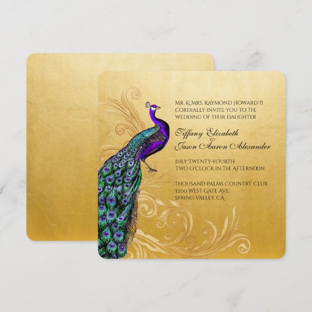 Gold mit Pfauenhochzeit Einladung (Vorne/Hinten)