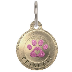 Gold mit rosa Glitzer Paw und Herz Tiernamensmarke