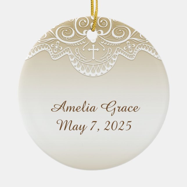 Gold mit Spitze, Kreuz, religiös Keramikornament (Vorne)