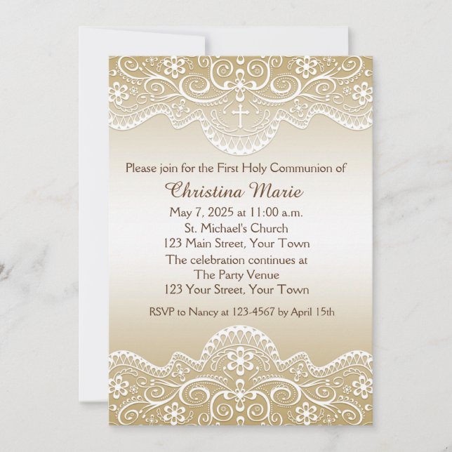 Gold mit Spitzen, Kreuz, religiös Einladung (Vorderseite)