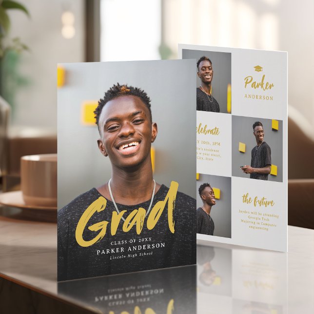 Gold Modern Brush Script Foto Abschluss Einladung (Gold Modern Brush Script Photo Graduation Invitation)