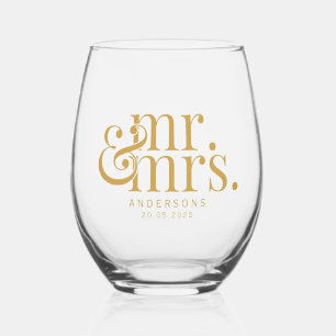 Gold Modern Calligraphy Mr. und Mrs. Wedding Weinglas Ohne Stiel