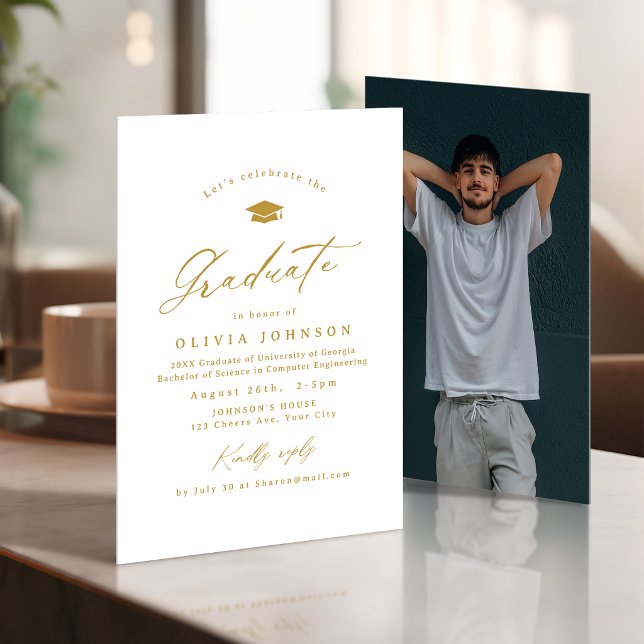 Gold Modern Calligraphy Simple Photo Graduation Einladung (Gold Modern Calligraphy Simple Photo Graduation Invitation)
