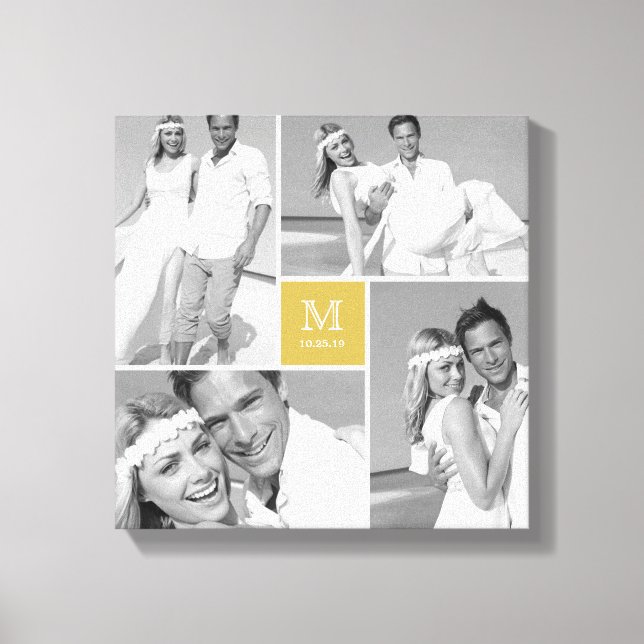 Gold Modern Grid Monogram Wedding 4 Foto Collage Leinwanddruck (Vorderseite)