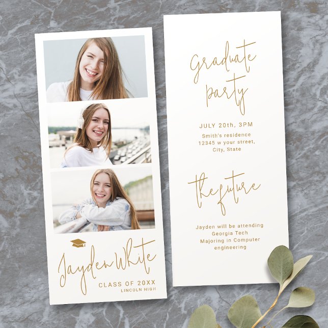 Gold Modern Script 3 Foto Abschluss Ankündigung (Gold Modern Script 3 Photo Graduation Announcement)