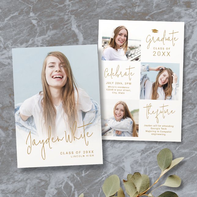 Gold Modern Script 4 Foto Abschluss Ankündigung (Gold Modern Script 4 Photo Graduation Announcement)