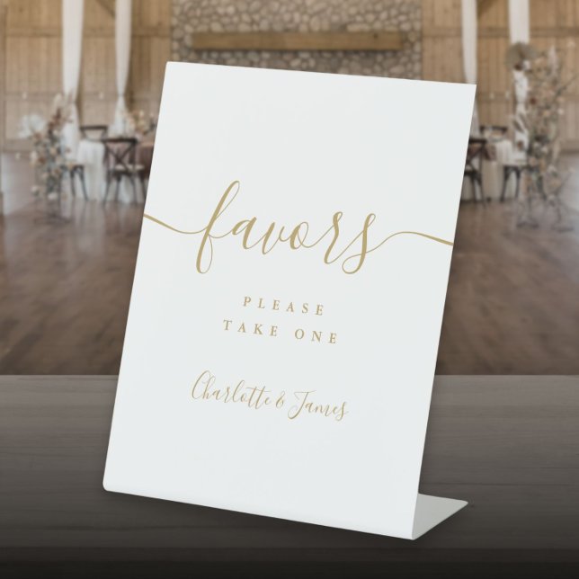 Gold Modern Script-Gastgeschenke Hochzeit Sockelschild (Gold Modern Script Wedding Favors Table Pedestal Sign)