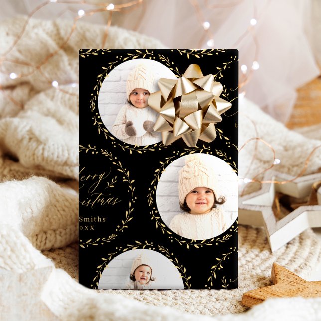 Gold Modern Script Merry Christmas Family 6 photo Geschenkpapier (Gold Modern Script Merry Christmas Family 6 photo Wrapping Paper)