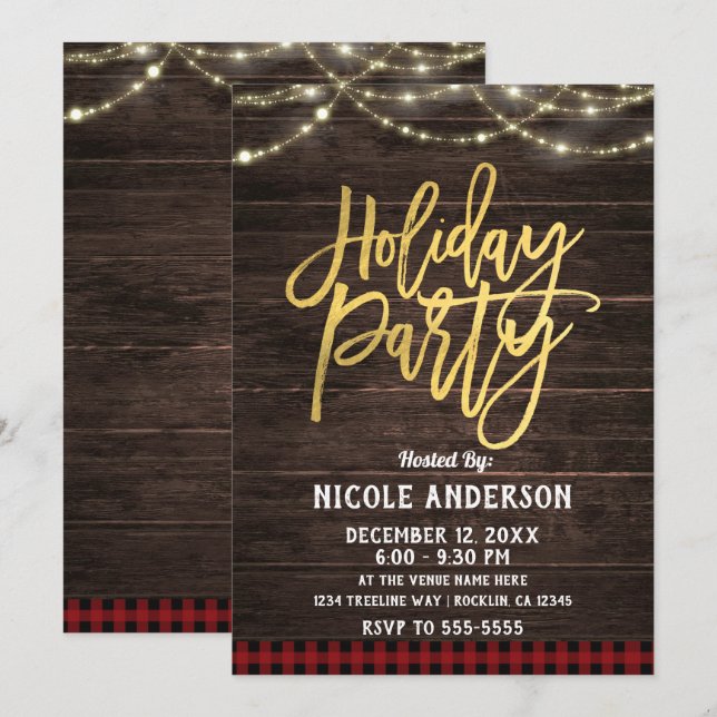 Gold Moderne Drehbuch Feier Rustikales Holz Karier Einladung (Vorne/Hinten)