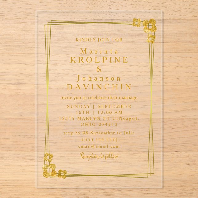 gold Moderne Hochzeitsakryllische Einladungen (Vorderseite)