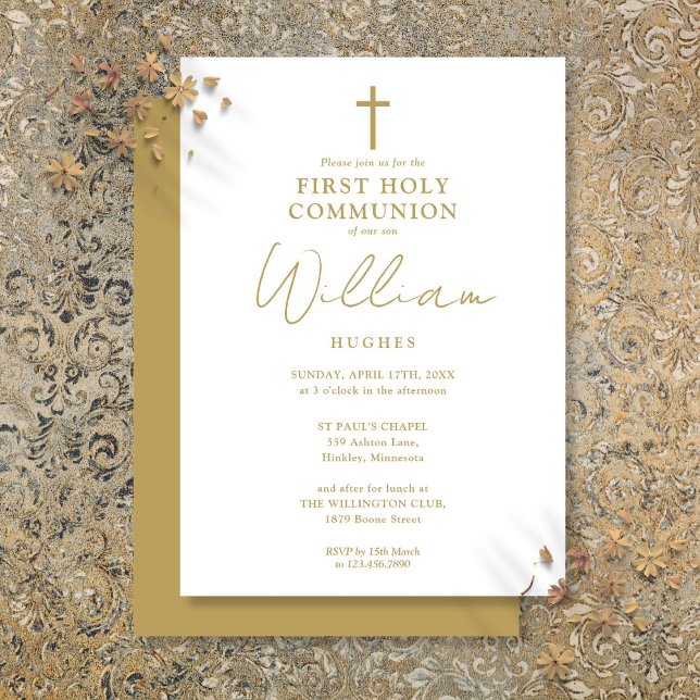 Gold Moderne Minimalistische Erstkommune Einladung (Gold Modern Minimalist First Holy Communion Invitation)