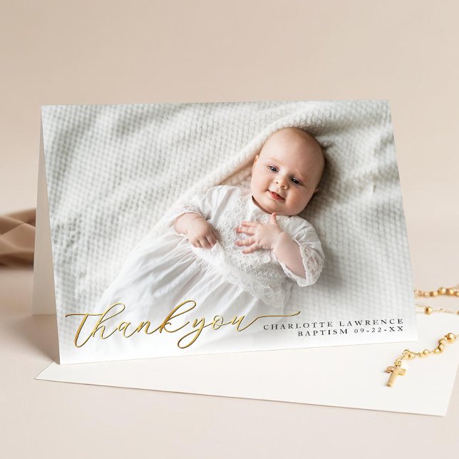 Gold Moderne Skripttaufe Danke Karte (Baptism Thank You Card)