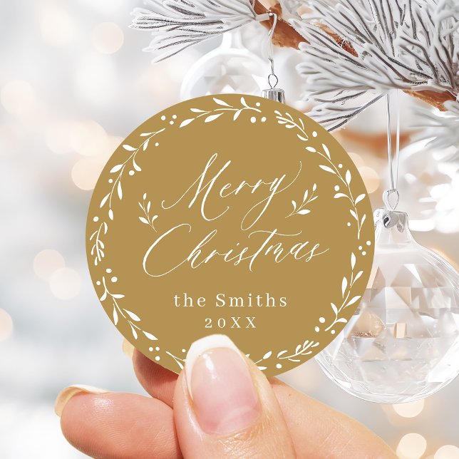Gold Modernes Drehbuch Frohe Weihnachtsgeschenke Runder Aufkleber (Gold Modern script Merry Christmas Holiday Gift Classic Round Sticker)