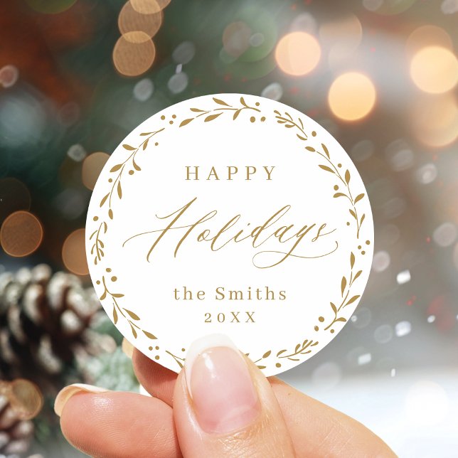 Gold Modernes Drehbuch Happy Holidays Geschenk Runder Aufkleber (Gold Modern script Happy Holidays Gift Classic Round Sticker)