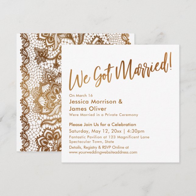 Gold Modernes Drehbuch & Spitzen Wir Got Verheirat Einladung (Vorne/Hinten)