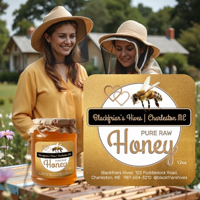 Gold Modernes Drehhoney mit Honeybee Quadratischer Aufkleber (Von Creator hochgeladen)