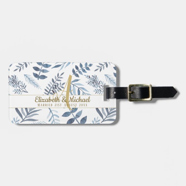 Gold Monogram Azure Blue Botanical Blätter Wedding Gepäckanhänger (Vorderseite horizontal)